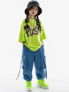 Hip Hop Dance Costumes Kid's Grass Green Unisex Top Pants Set Hip Hop Cotton Street Dancing Costume